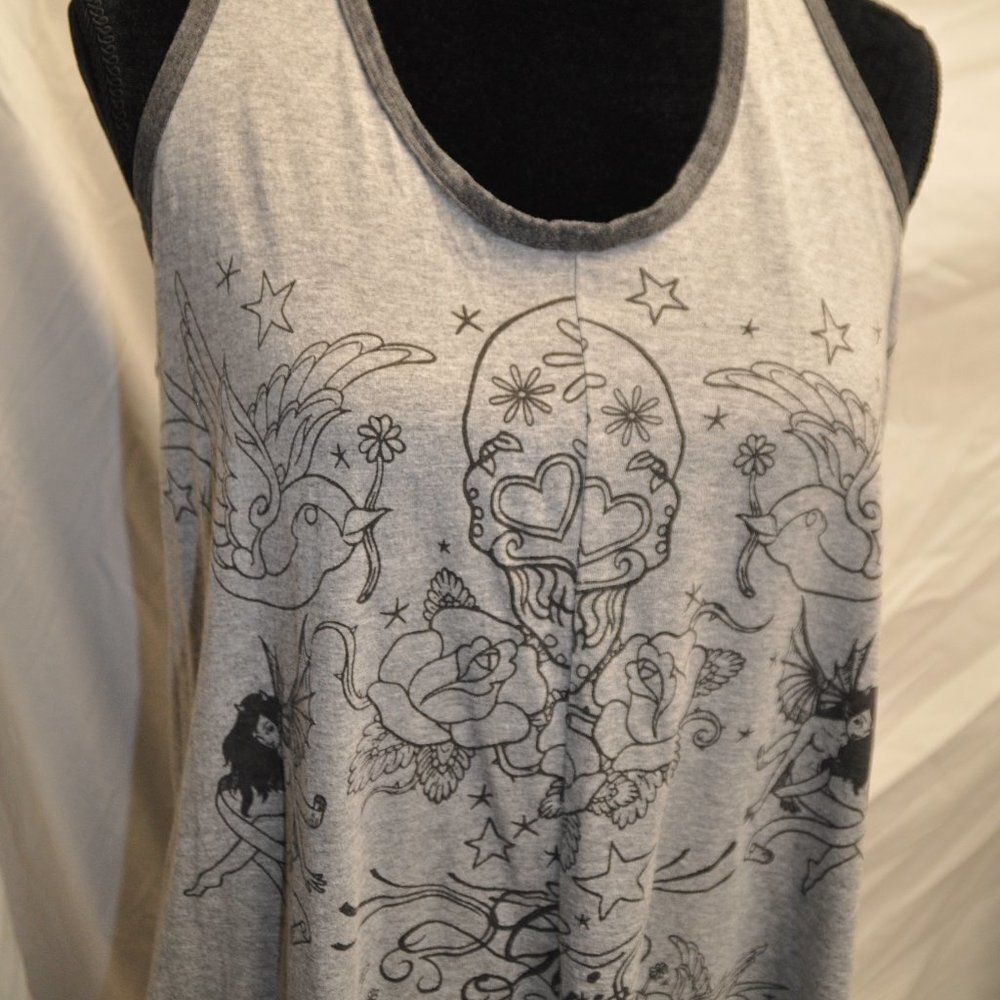 Urban Outfitters L Gray Skull Flower Punk Rock Print Tunic Tank Top NEW